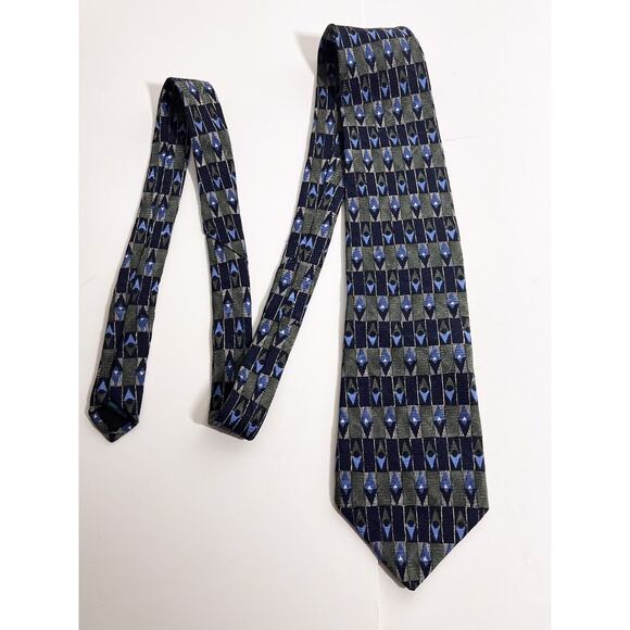 Mulberry EUC 100% Silk Tie Necktie Olive/Blue Diamond Geometric Pattern 55"x3.5" - Picture 3 of 4
